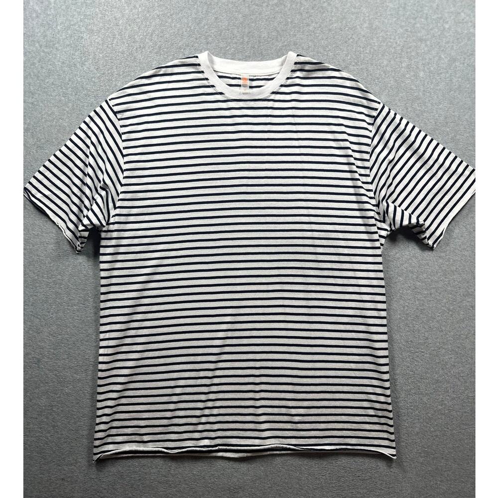 Mono B T-Shirt Top Women's Medium Black White Striped Short Sleeve Crew Neck